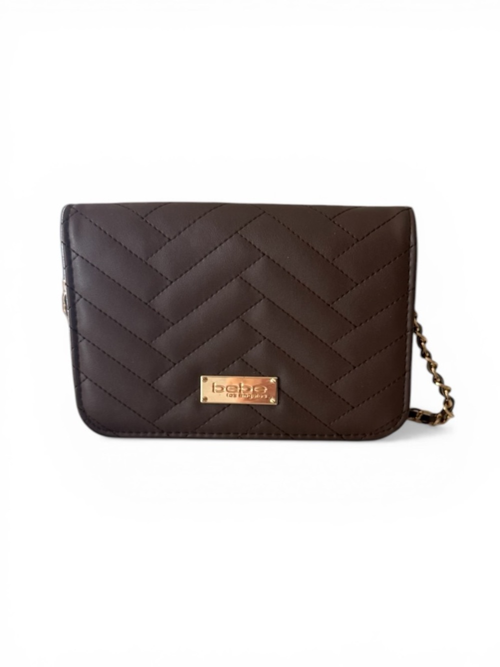 bebe Quilted Sophia Dark Chocolate Brown with Gold Chain Crossbody Bag Purse